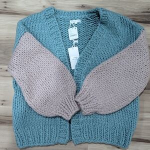 Free People (Little Lies) Teal and Beige Knit Cardigan